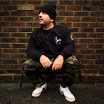Blue Moon black sweatshirt by Moon Soldier with embroidered moon crest, cloud design, and cozy, soft-touch fabric.