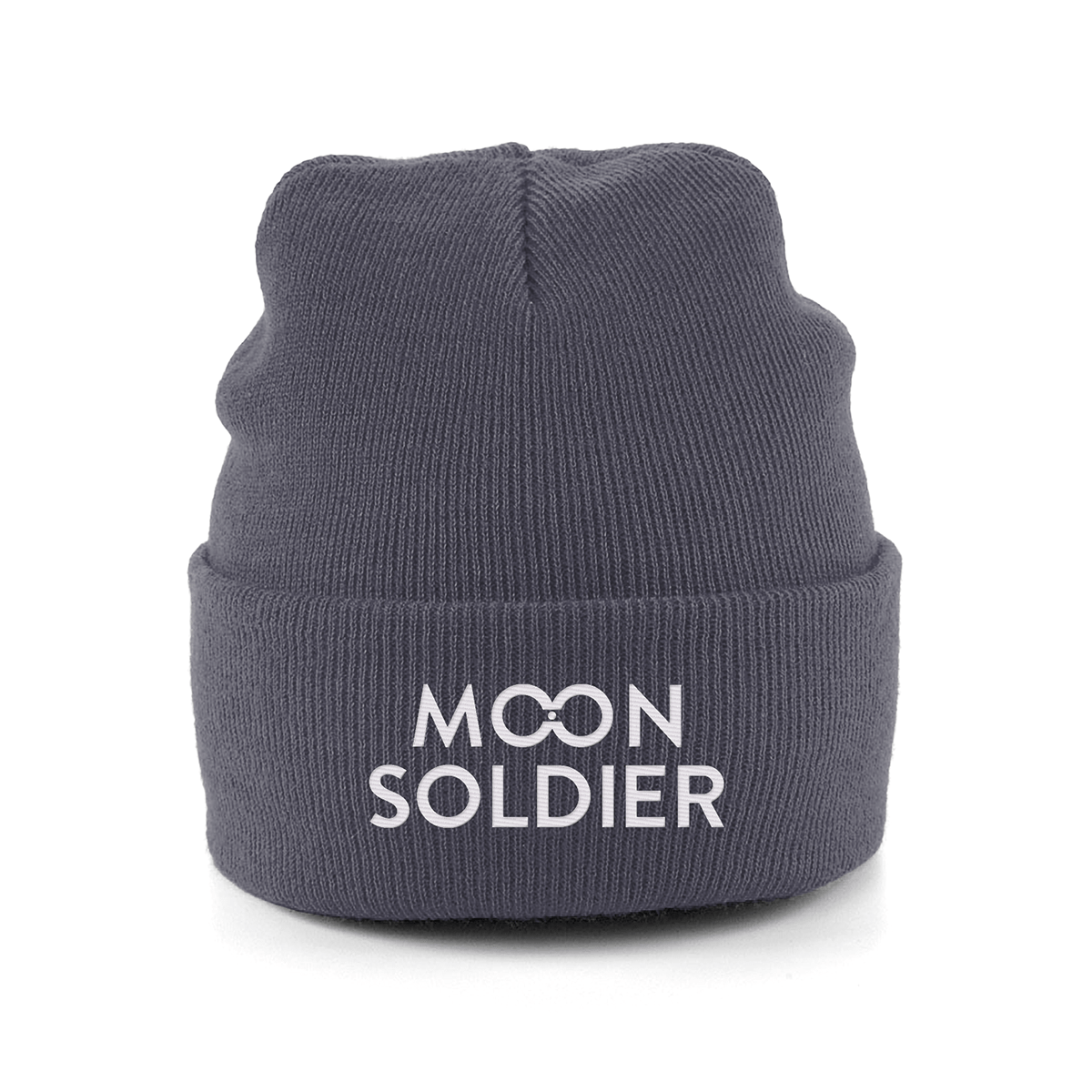 Dark Grey soft cotton beanie featuring the Moon Soldier logo in white, designed for casual and cozy wear.