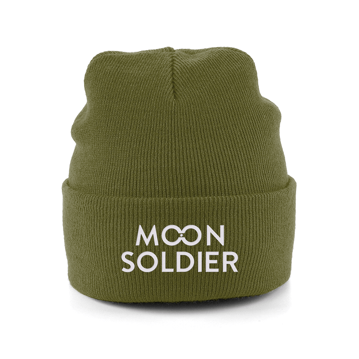 Green soft cotton beanie featuring the Moon Soldier logo in white, designed for casual and cozy wear.