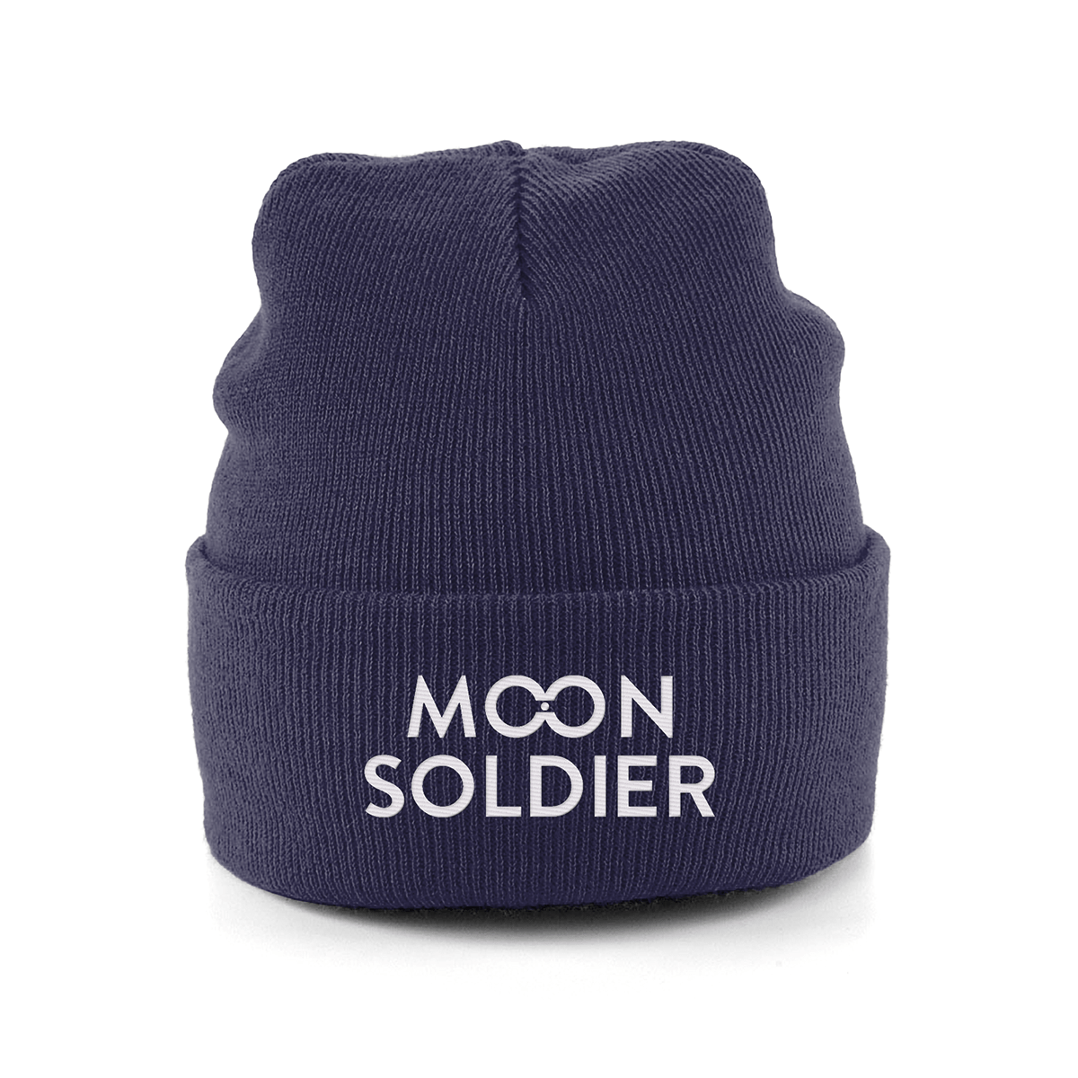 Navy soft cotton beanie featuring the Moon Soldier logo in white, designed for casual and cozy wear.