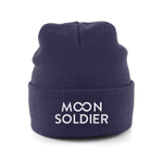 Navy soft cotton beanie featuring the Moon Soldier logo in white, designed for casual and cozy wear.