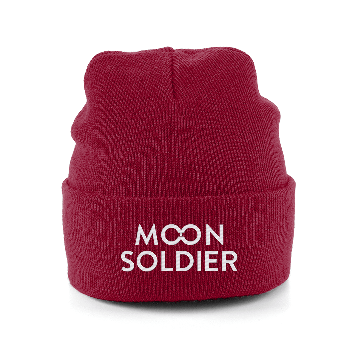 Red soft cotton beanie featuring the Moon Soldier logo in white, designed for casual and cozy wear.