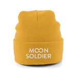 Yellow soft cotton beanie featuring the Moon Soldier logo in white, designed for casual and cozy wear.